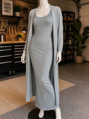 Light Blue Sleeveless Maxi Dress with Matching Duster
